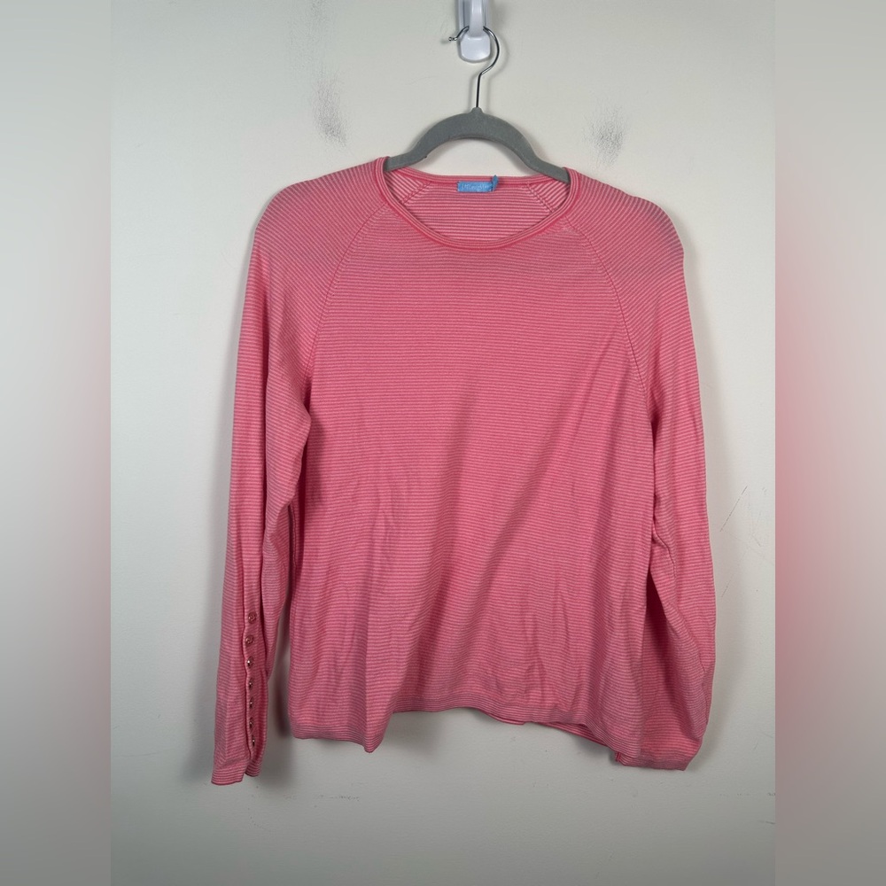 J. McLaughlin Pink Striped Top Cotton Modal Sweater Gold Buttons Classic